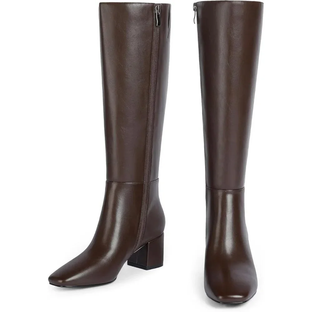 Women's Chocolate Knee High Boots Square Toe Tall Chunky Heel Rubber
